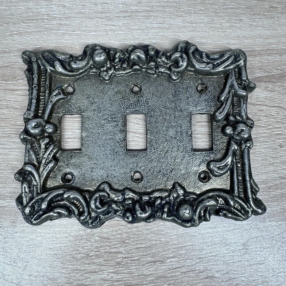 Ornate Brass Tone Triple Light Switch Cover Vintage Heavy Cast Metal Wall Plate